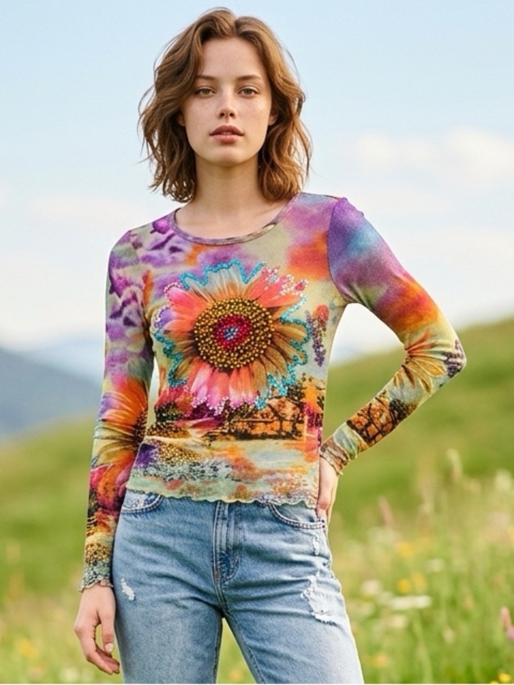 Long-Sleeve Floral Sunflower Print Top - Vibrant Multi